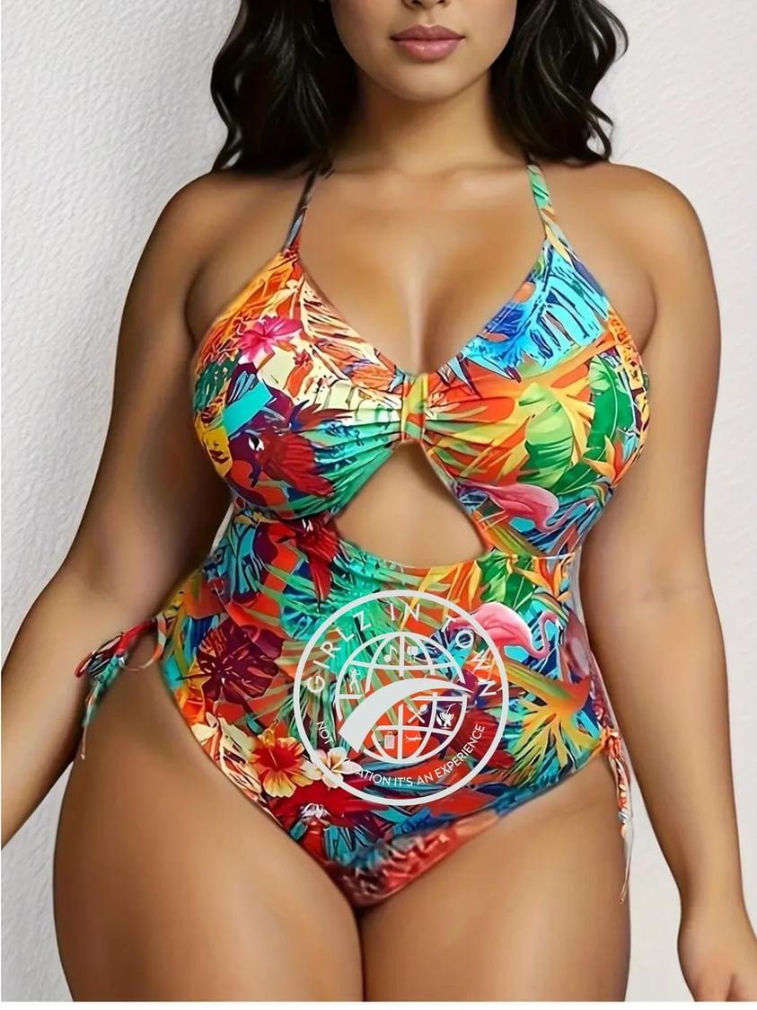 Plus Size Tropical Print Cut Out Lace Up Side Cami One Piece